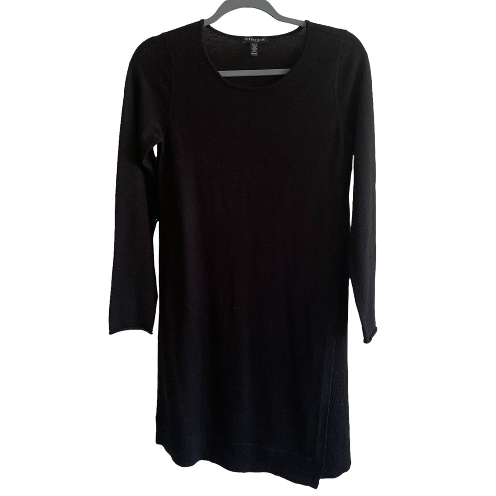Eileen Fisher Black Dress XS/Small Petite Merino Wool Long Sleeve Knee Length